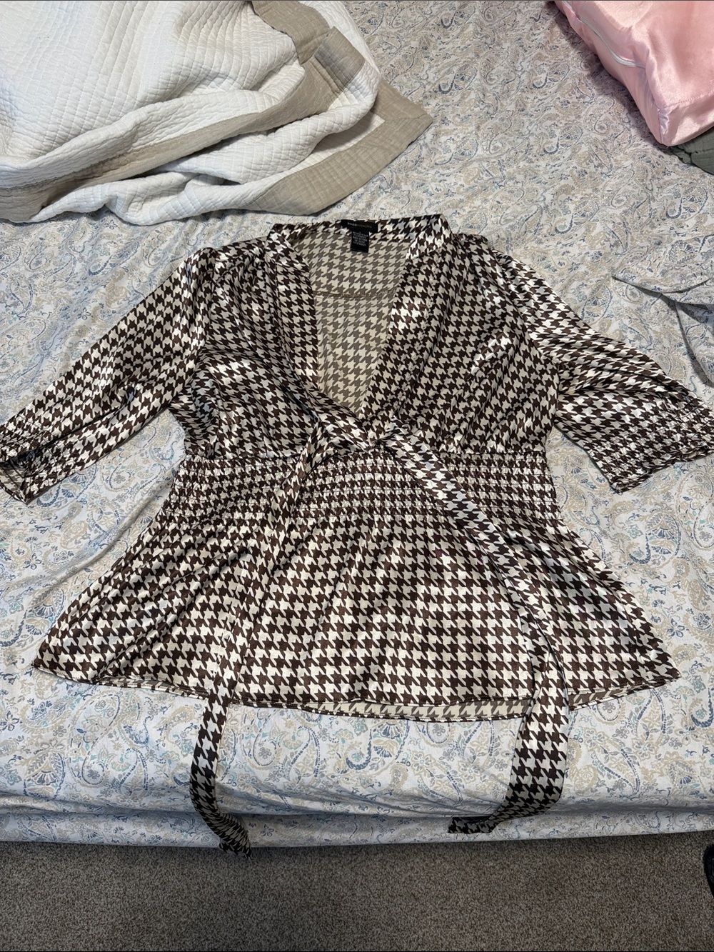 BCBGMaxAzria Brown and White Houndstooth Wrap Blouse